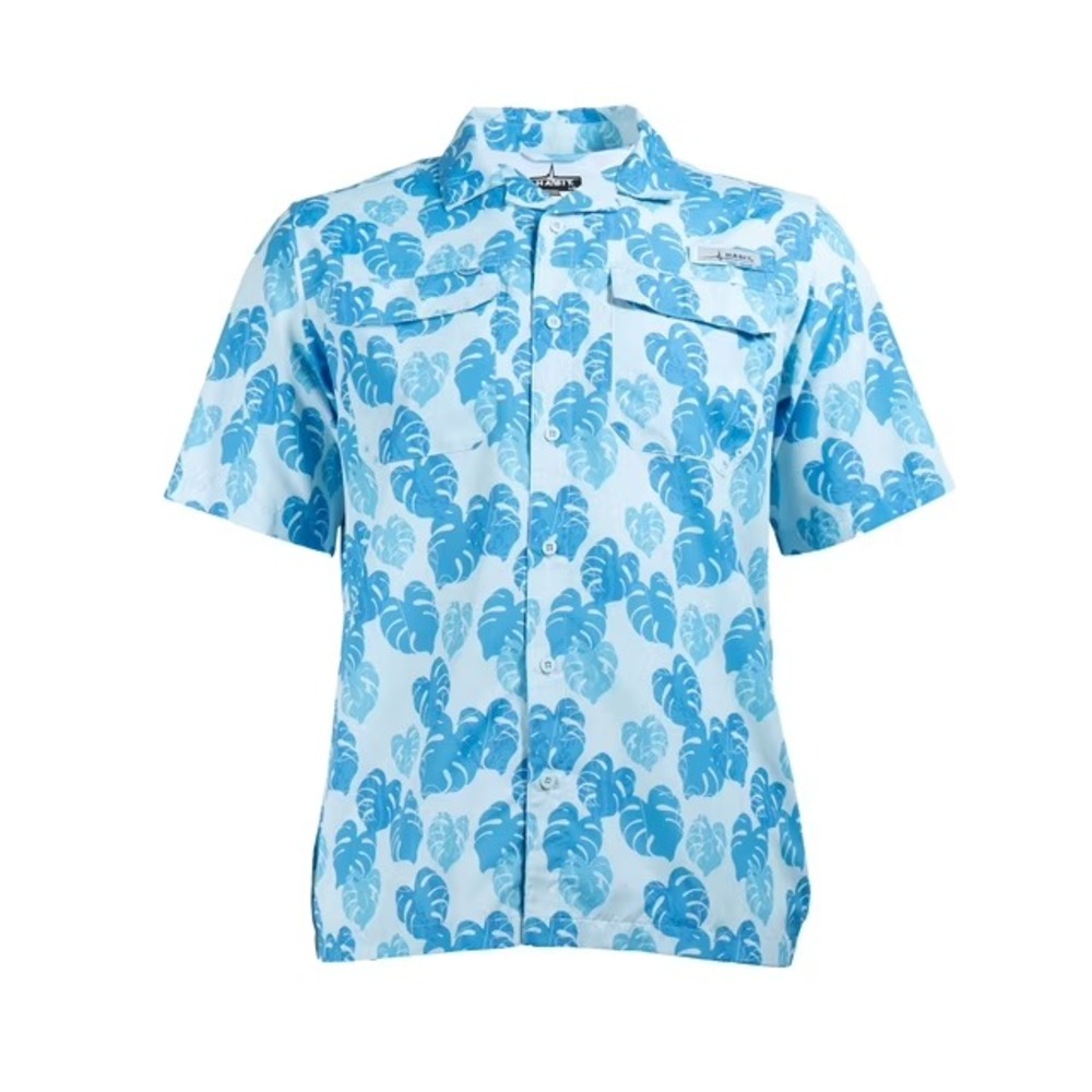 Habit Mens Short Sleeve UPF 50+ Camp Fishing Shirt Island Bloom Blue Large NWT